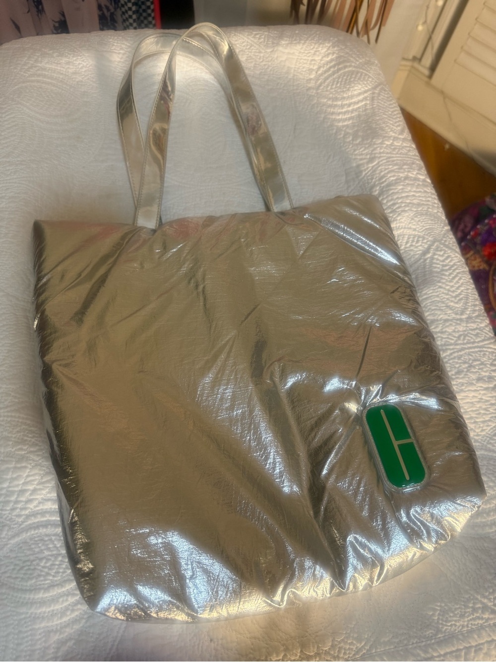 Clinique Silver Metallic Tote Bag Green Interior Large Shopper